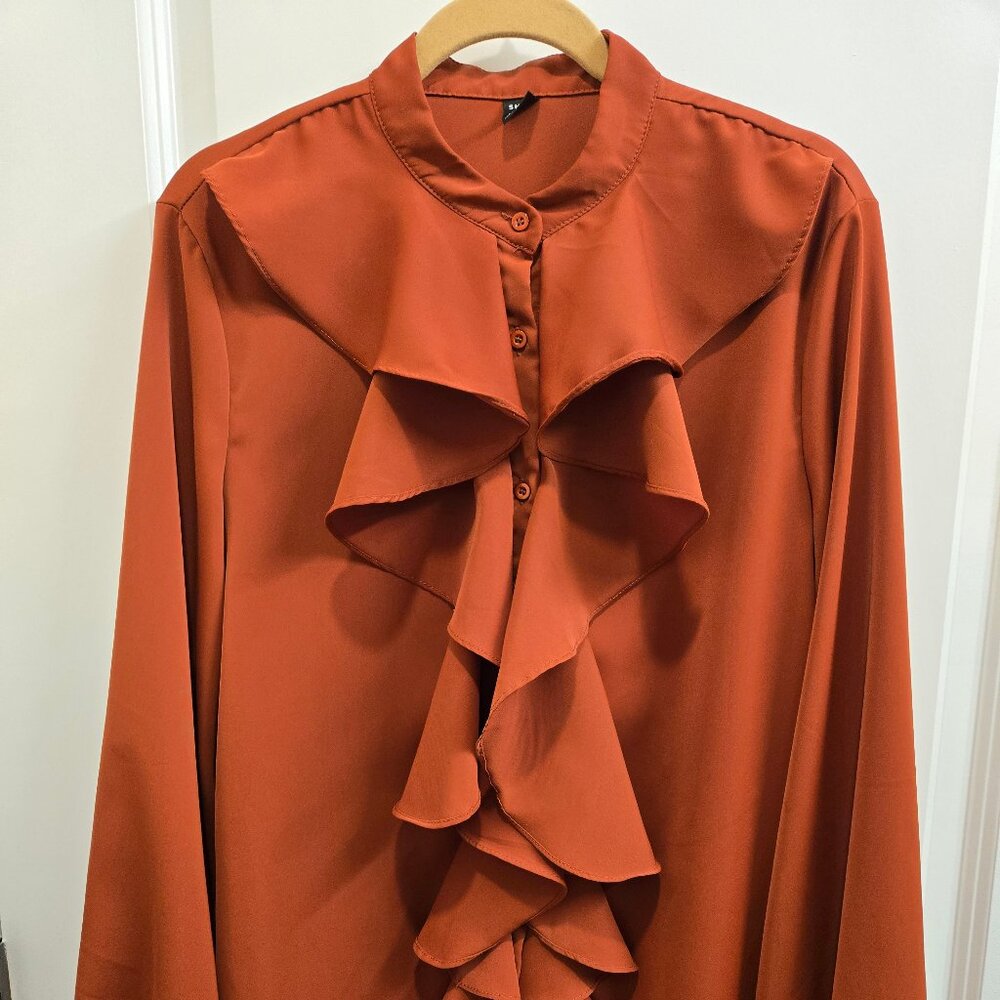 Rust Ruffle Front Poets Blouse